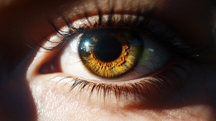Fototapeta premium Focusing on a human eye, this striking close-up showcases vibrant golden and brown colors, capturing the fine details of the iris and lashes, revealing unique patterns and textures