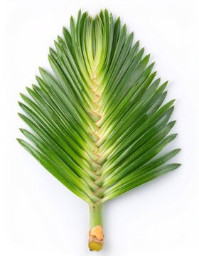 Vibrant green pandanus leaf isolated on white, displaying its unique folded structure and natural beauty