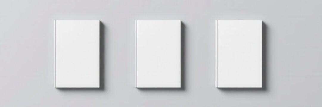 Minimalistic design of a book cover mockup in three different sizes, perfect for showcasing various book sizes and designs, mockup, graphic design, realistic