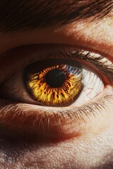 Naklejka premium This striking amber eye displays a unique pattern with rich tones, reflecting intricate textures and fine details. The natural light highlights its captivating appearance