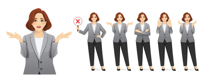 Portrait of beautiful mature full-figured business woman in suit showing negative emotions with different gestures set isolated vector illustration