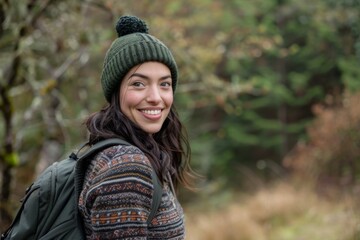 Beautiful young woman wearing a beanie enjoying nature in the forest Travel, fashion, beauty, portrait art concept