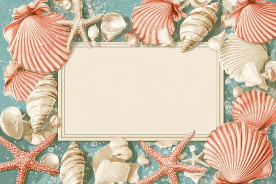 Coastal Themed Greeting Card Design with Seashells and Starfish for Summer Occasions