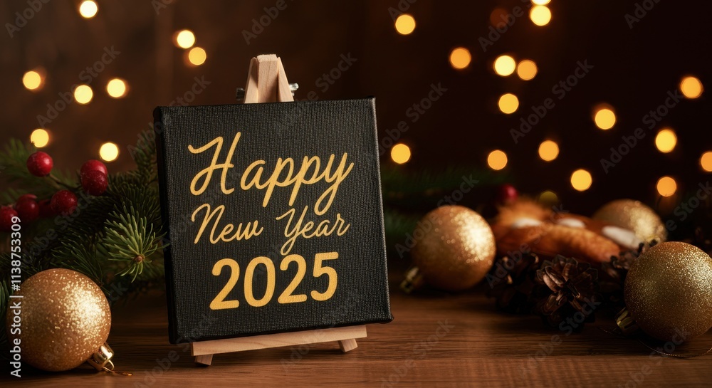 Fototapete A festive scene with a focus on a small, square slate sign that reads Happy New Year 2025 in a golden cursive font Golden glitter Happy New Year typography on black canvas