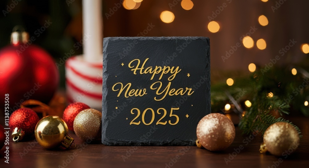 Fototapete a festive scene with a focus on a small, square slate sign that reads happy new year 2025 in a golde