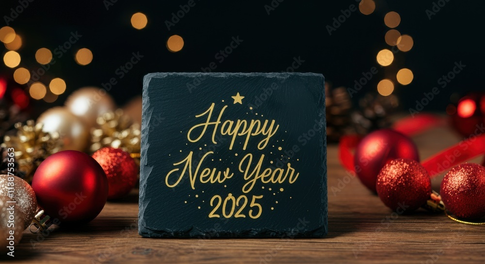 Fototapete A festive scene with a focus on a small, square slate sign that reads Happy New Year 2025 in a golden cursive font Golden glitter Happy New Year typography on black canvas