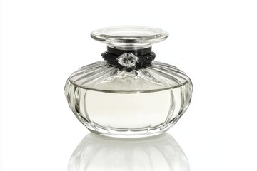 A bottle of perfume positioned on an immaculate white surface, ideal for beauty and fashion-related tasks.