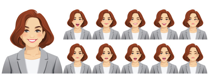 Elegant beautiful mature business woman with red hair. Different facial expressions set isolated vector illustration