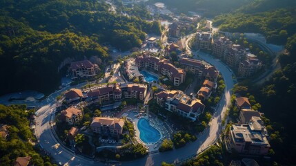 Aerial view of mountain resort with pools.