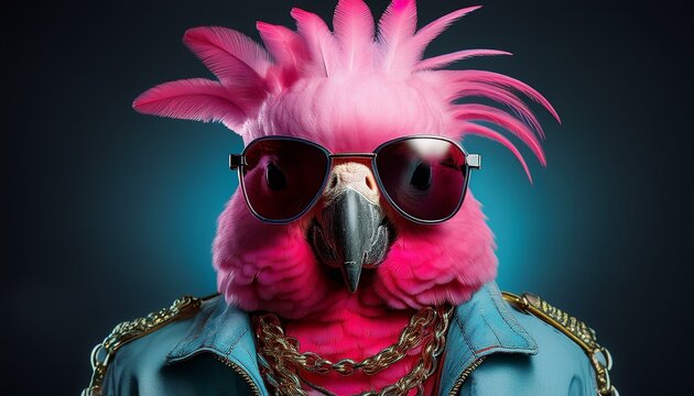 portrait of the gallah rose breasted cockatoo wearing punk clothes and sunglasses edgy fashion animal portrait bird with an attitude