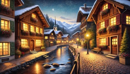 Stream flowing through charming european village at dusk