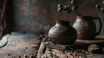 Fototapeta premium Rustic clay pottery with dried flowers on a textured surface