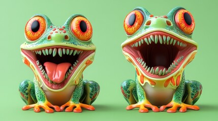 Two cartoonish frogs with wide mouths and big eyes on green.