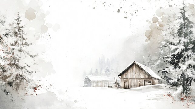 Watercolor painting of a winter landscape with snow, trees, and a cozy cabin. Perfect for Christmas or winter holidays.