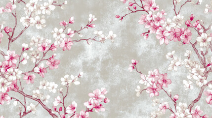 Fototapeta premium Traditional japanese cherry blossom pattern flowing on gray background