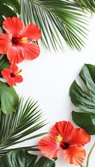 Naklejka premium Tropical Greeting Card Template with Vibrant Hibiscus Flowers and Palm Leaves for Summer Messages
