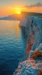 Sunset over tranquil waters and rocky cliffs on the coastline during golden hour. Generative AI