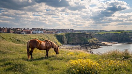 Horse grazing on a grassy sloped hillside- South Shields, Tyne and Wear, England