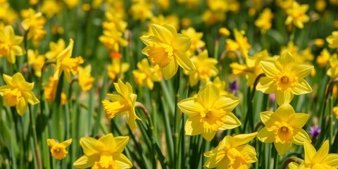 Fototapeta premium Vibrant daffodil flowers blooming in a vast field under a clear blue sky, flowers, daffodils, vibrant