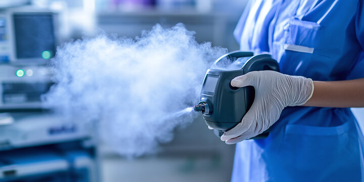Close-up of a medical professional using a disinfectant fogging device in a sterile, illuminated operating room.