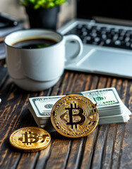 Fototapeta premium golden Bitcoin on on a modern business desk, dollar bills and money, notebook a cup of coffee, cryptocurrency, bitcoin trading, finance, investment, crypto