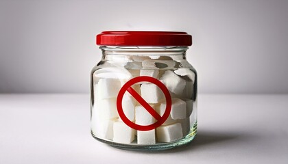 glass jar filled with sugar cubes displaying a contradictory no sugar sign on white background healthy eating concept