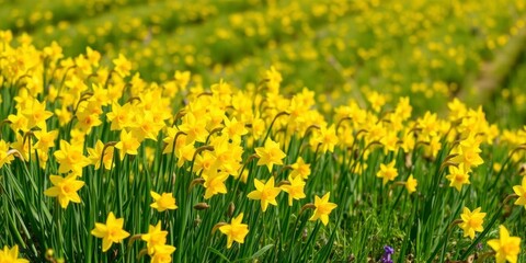 Obraz premium Vibrant yellow daffodil flowers blooming in a picturesque field, field, petal