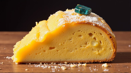 Slice of creamy yellow cake with powdered sugar, Mardi Gras dessert theme