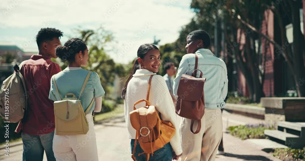 Poster outdoor, friends and university students with walking for conversation and discussion on campus. bac