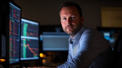 Fototapeta premium Digital, night and a businessman with technology for the stock market, finance analysis and research. Data, office and an employee reading statistics, stocks and analytics in the dark on tech at work