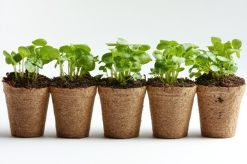 Fototapeta premium Lush Green Seedlings Thriving in Biodegradable Peat Moss Pots. A Fresh Start for Your Gardening Journey