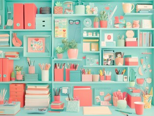 A vibrant workspace filled with colorful stationery and decorative items.