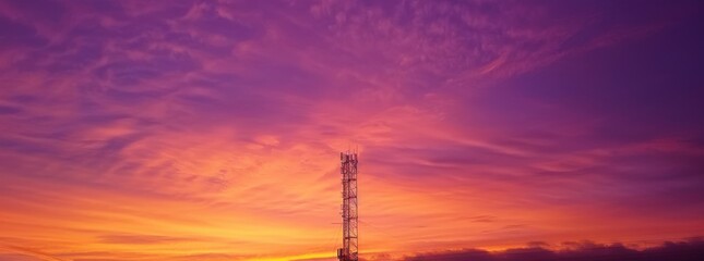 Obraz premium telecommunications tower at sunset, vibrant sky with purple and orange hues, silhouetted structure, technology and connectivity theme, dramatic clouds enhance the scene