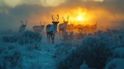 A herd of reindeer walking through a snowy tundra under the soft light of the Arctic sun."