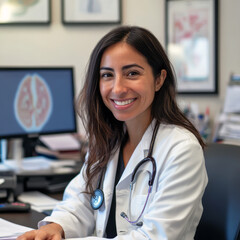 Female smiling doctor sitting in her office, caring and happy, Generative AI