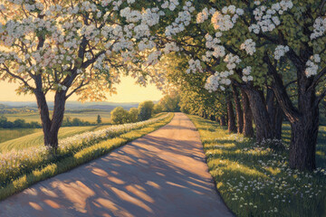 Naklejka premium Nostalgic Country Road with Blooming Trees at Sunrise - Peaceful, Natural Landscape for Posters