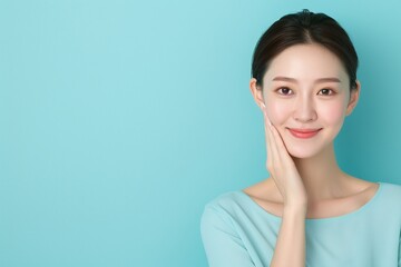 Obraz premium Happy woman touching face, turquoise background, beauty portrait, skincare and wellness, glowing skin, minimalistic design, vibrant and cheerful studio shot, copy space for text