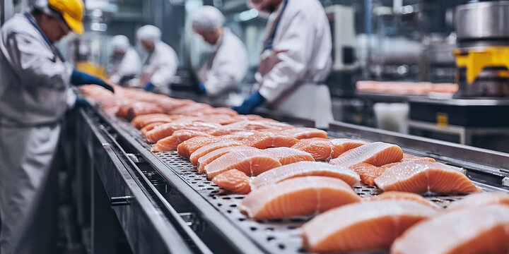  Fresh salmon fillets on a conveyor belt in a processing plant, symbolizing food production, quality, and modern manufacturing.
