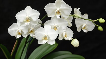 Intimate View of White Orchids (Phalaenopsis) Blooming on a Dark Canvas