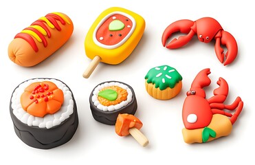 A vibrant plasticine-style food icon set, including a hot dog, sushi roll, pizza slice, chicken on a stick, and lobster or crab