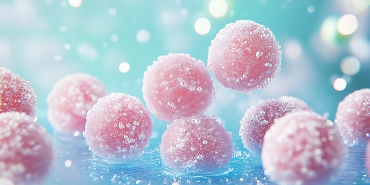 Pink spheres frosted with crystalline texture float in blue water