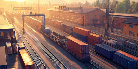 A freight train loaded with colorful containers sits in a railway yard during sunset, symbolizing global logistics and transportation infrastructure.