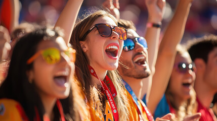 University Sports Fans Cheering with Team Logo Lanyards in a Vibrant Stadium Setting