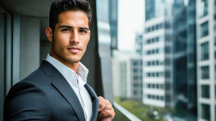 Fototapeta premium Confident hispanic male in suit overlooking urban cityscape