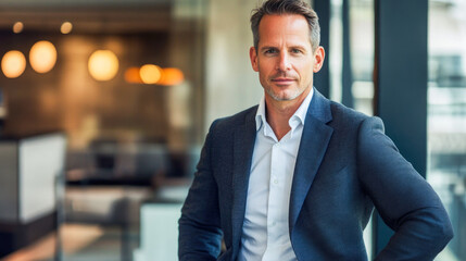 Fototapeta premium Confident caucasian male adult in modern office setting