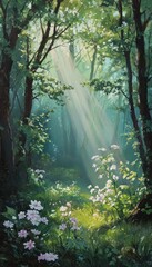 Obraz premium Misty Spring Morning: Ethereal Light and Blooming Wildflowers in a Sunlit Forest