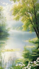 Spring Morning Serenity: Misty Lakeside with Blooming Flowers and Lush Greenery