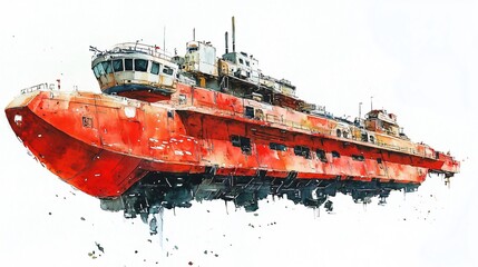 Fototapeta premium A Majestic Watercolor Painting of a Large, Red Cargo Ship Floating on Water