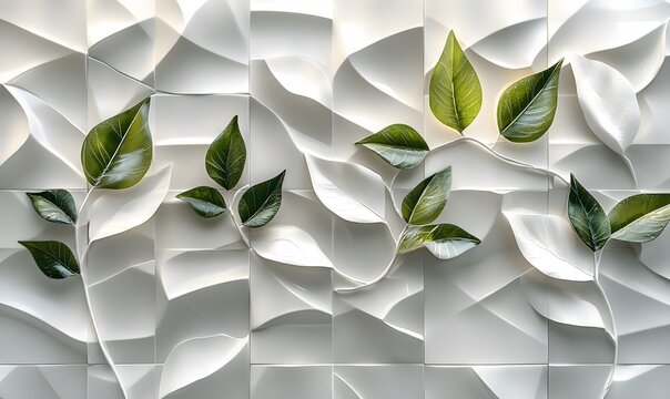 A panoramic image of white geometric 3D tiles featuring leaf patterns