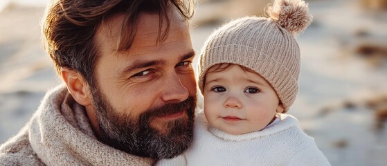 Obraz premium A father holds his smiling child close on a beach at sunset, both dressed warmly in winter attire, sharing a joyful moment together